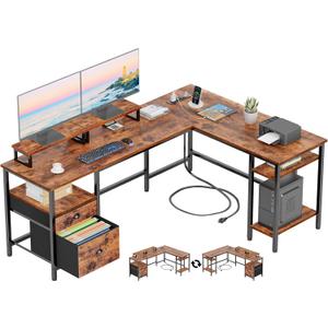 Furologee 66 L Shaped Desk with Power Outlet, Reversible Computer Gaming Desk with File Drawer & 2 Monitor Stands for Home Office with Storage Shelves, Rustic Brown