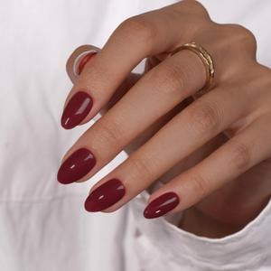KQueenest Dark Red Press On Nails Short Oval - Burgundy Maroon Press On Nails with Glue, Almond Short Fake Nails Press ons, Glossy Opaque, Reusable Soft Gel Glue on Nails for Women Manicure, 24 Pcs