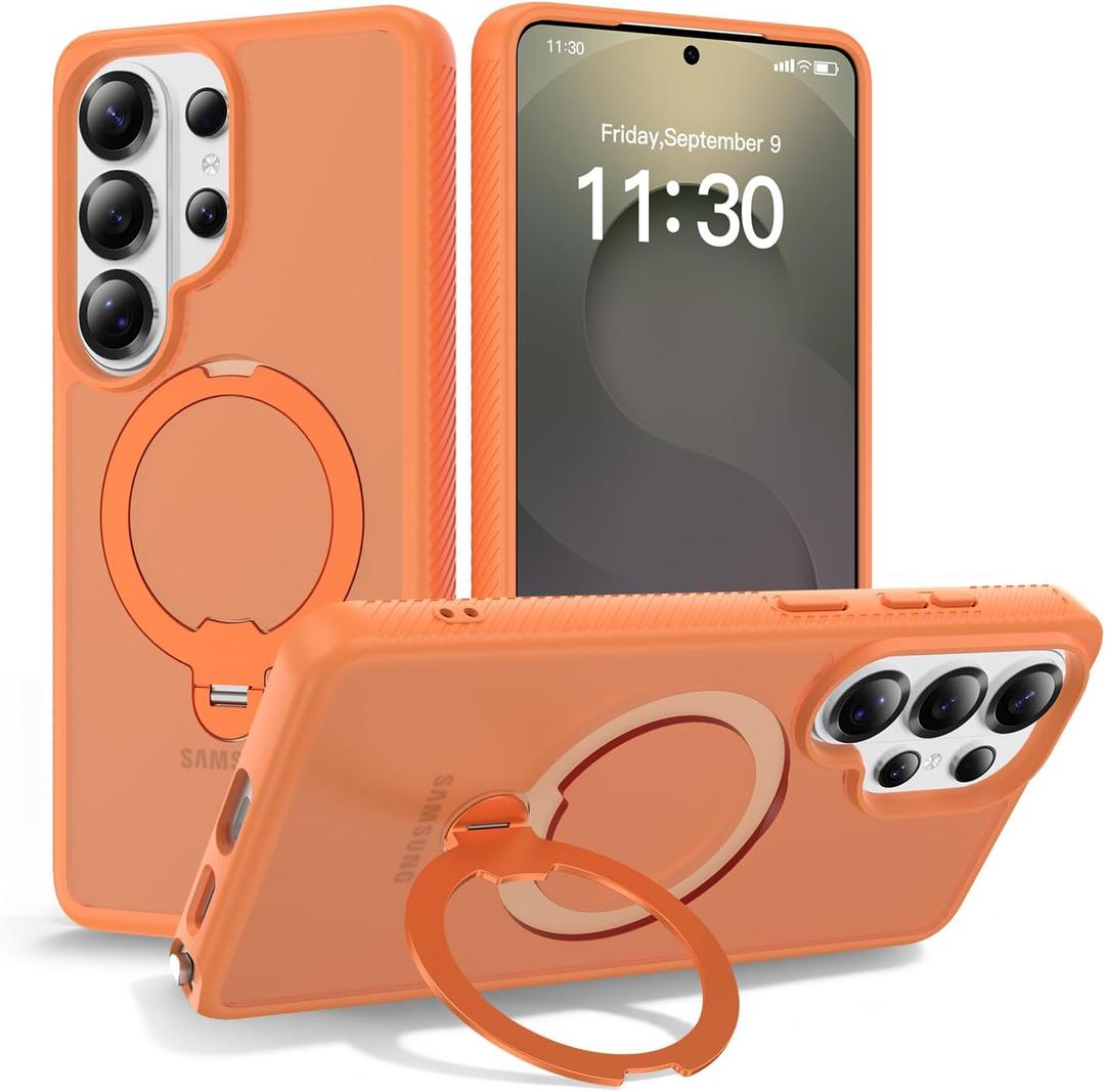 Phone Case for Samsung Galaxy S26 Ultra: Rotatable O-Ring Stand MagSafe-Compatible, Military-Grade Drop Tested, Translucent Matte Silky Touch Anti-Slip Grip, S-Pen Friendly (Orange)