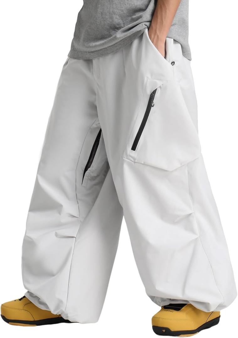 GSOU SNOW Womens Mens Snow Pants Baggy Snowboard Ski Pant Loose Waterproof Windproof Insulated (Medium, White Grey)