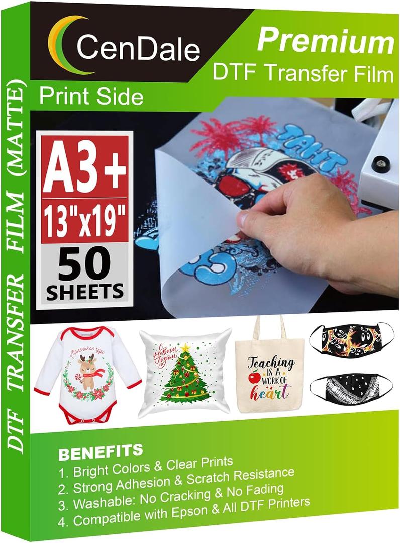 CenDale Premium DTF Transfer Film 13"x19" - A3 Plus 50 Sheets Double-Sided Matte Clear PreTreat Sheets PET Heat Transfer Paper for DIY Direct Print on All Fabric and Colors T-Shirts Textile CenDale Premium DTF Transfer Film 13"x19" - A3 Plus 50 Sheets Double-Sided Matte Clear PreTreat Sheets PET Heat Transfer Paper for DIY Direct Print on All Fabric and Colors T-Shirts Textile