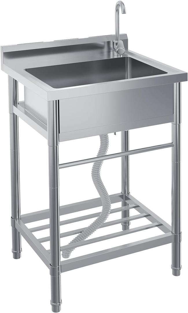 Stainless Steel Utility Sink, 24" x 20" x 41" Free Standing Single Bowl Sink with Faucet, Legs, Cold and Hot Water Pipe for Laundry, Kitchen, Garage, Outdoor, Garden, Heavy-Duty, Easy to Clean (Silver)
