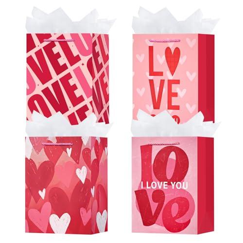 OFIHANLY 4 Pack 9" Small Size Valentine's Day Gift Bags with Handles for Women Men Pink Heart&Love Paper Gift Wrap Bags with Tissue Paper for Kids