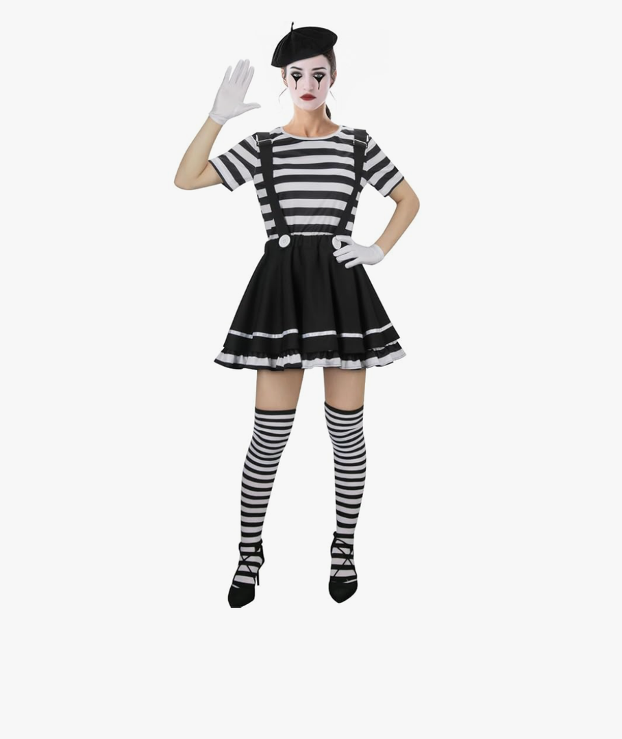 Adult Women French Mime Costume Outfit Girls Paris Artist Halloween Cosplay Shirt Dress Beret Socks Gloves Suit Set L