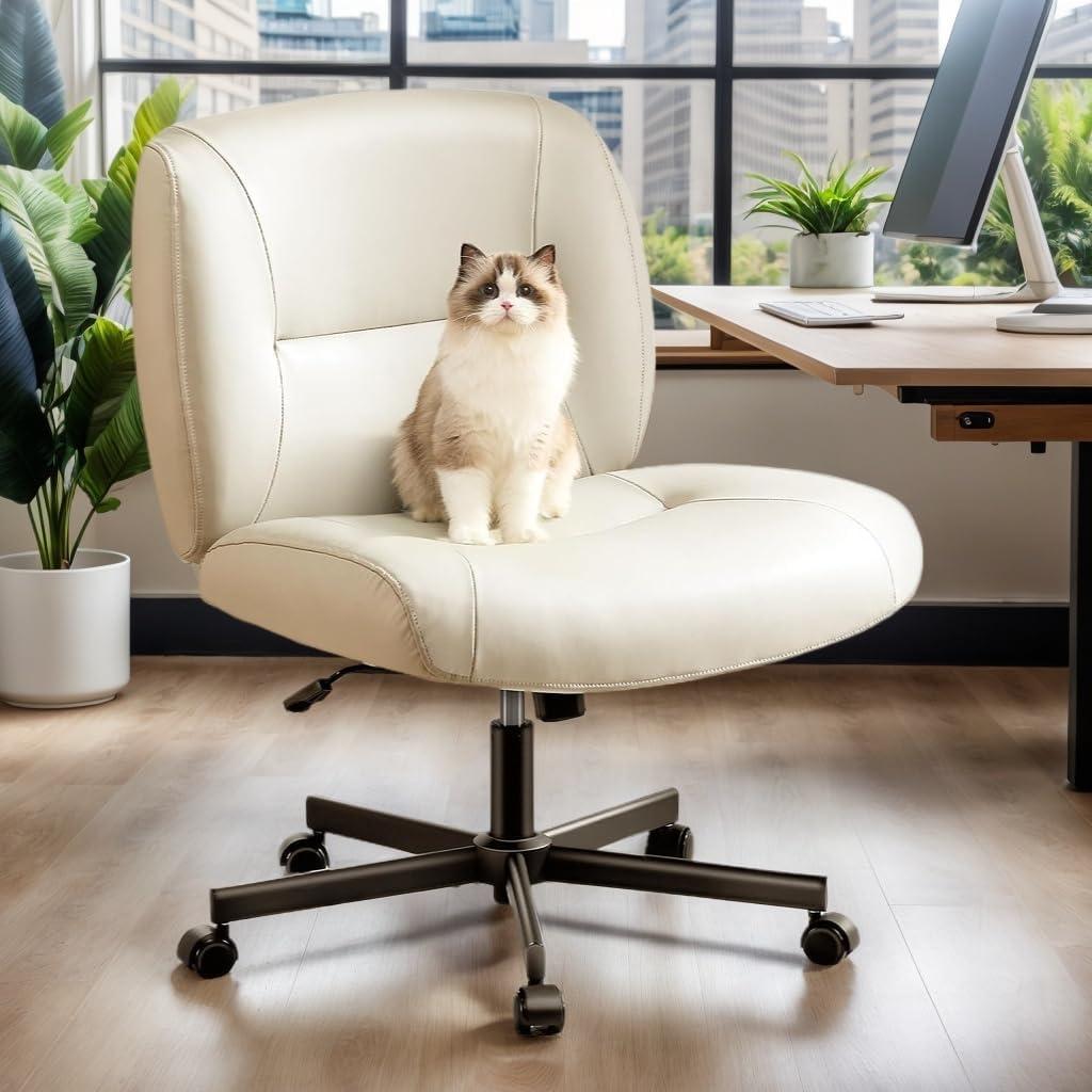 Marsail Criss Cross Chair with Wheels, Wide Mid-Back Comfy Armless Office Chair, Scratch-Resistant PVC Leather Cross Legged Desk Chair, Height Adjustable Vanity Computer Desk for Home Office (Light Grey)