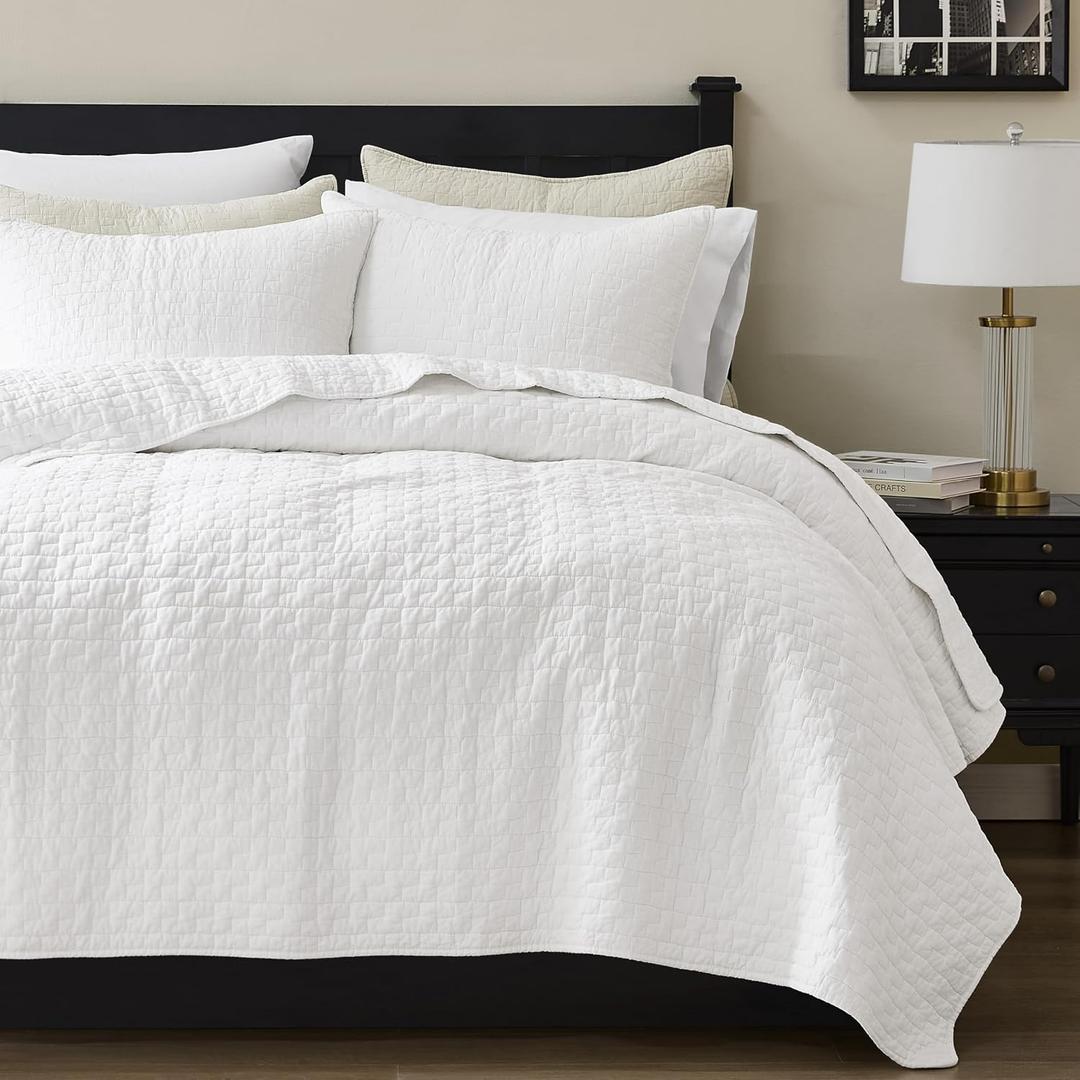 palassio White 100% Cotton Quilt King Size Bedding Sets with 2 Pillow Shams, Textured Lightweight Soft Bedspread Shabby Chic Coverlet, Quilted Comforter Bed Cover for All Season, 3 Pieces, King(106"x96"