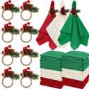 LemonRoad 36 Pcs Christmas Cloth Napkins and Napkin Ring Holders, Reusable Fabric with Pine Needle Red Fruit Napkin Rings for Xmas Table Decor, Banquet, Holiday Dinner Party, Wedding Party Supplies (Red, Green, White)