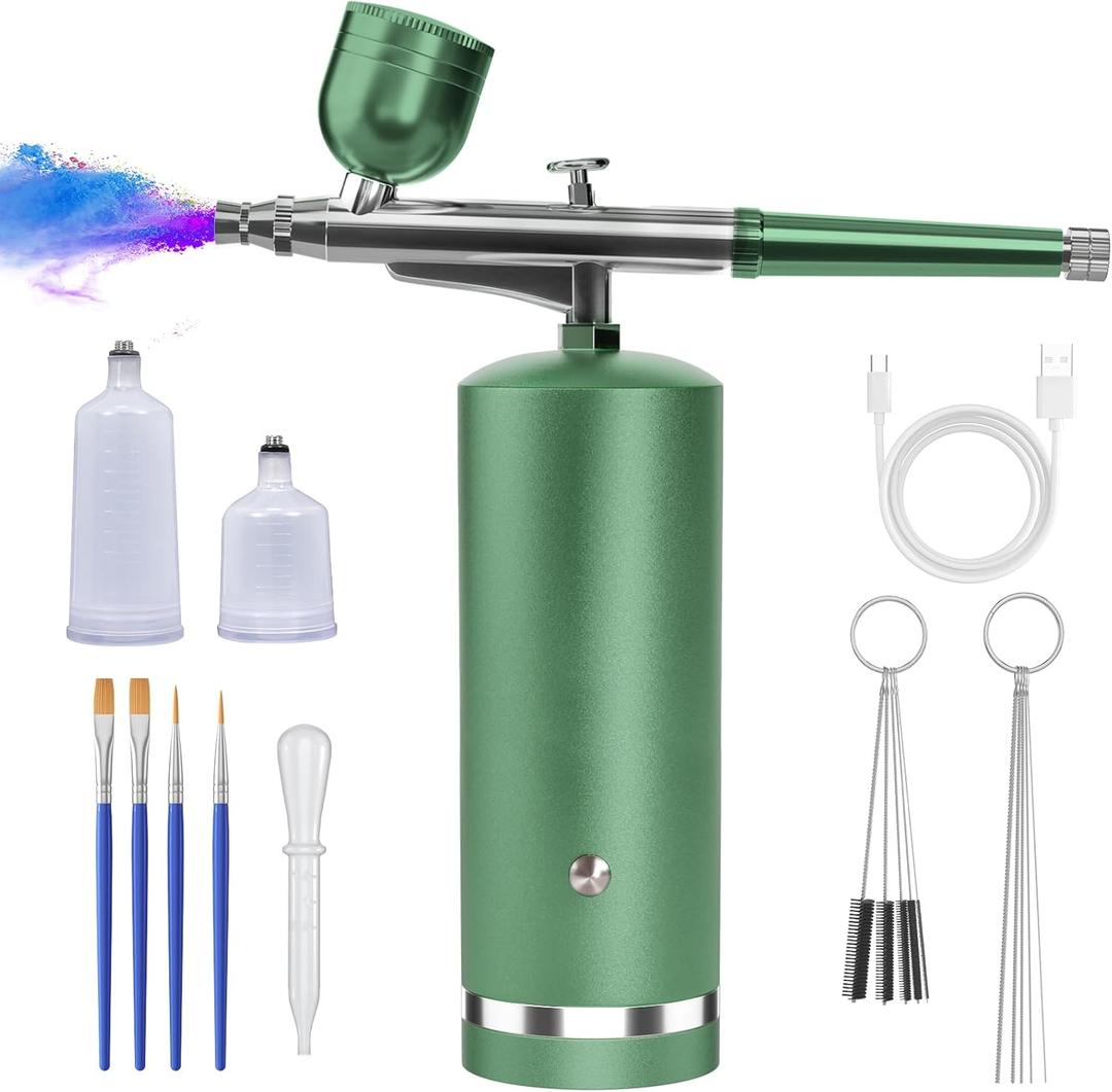 Airbrush Kit With Compressor - 48PSI Rechargeable Cordless Non-Clogging High-Pressure Air Brush Set with 0.3mm Nozzle and Cleaning Brush Set for Nail Art, Makeup, Painting, Cake Decor (Green)