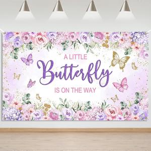 Mocsicka Butterfly Baby Shower Banner Backdrop A Little Butterfly is On Her Way Girl Baby Shower Background Purple Butterfly Baby Shower Decoration 70.8 x 43.3 Inch