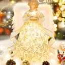HOHOTIME 12'' Angel Tree Topper with White Feather Wings and Gold Skirt, Christmas Tree Topper with LED Light for Tree Toppers Holiday Ornament Decorations, Gold