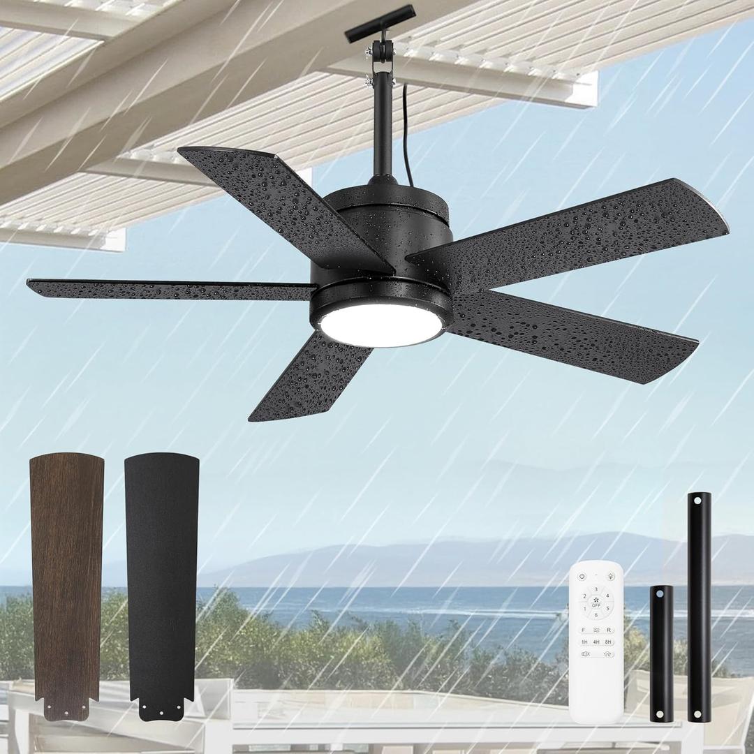 42 In Waterproof Outdoor Ceiling Fan with Light and Remote IP65 Plug in Wet Rated Outdoor Ceiling Fans for Patios Waterproof Gazebo Hanging Fan 3CCT 6 Speed, for Outside Porch Pergola Garage (Black)