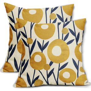 Navy Blue Yellow Floral Pillow Covers 18x18 Set of 2 Boho Flower Pattern Decorative Throw Pillowcases Outdoor Rustic Farmhouse Square Cushion Cases Decor for Home Couch Sofa Bed