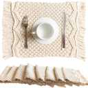 SnugLife Macrame Placemats Set of 8 - Handmade Cotton Woven Boho Placemats - Modern Farmhouse Fringe Placemats for Dining Table, Kitchen, Bohemian Wedding Dcor, Rustic Natural Off White, 12x20