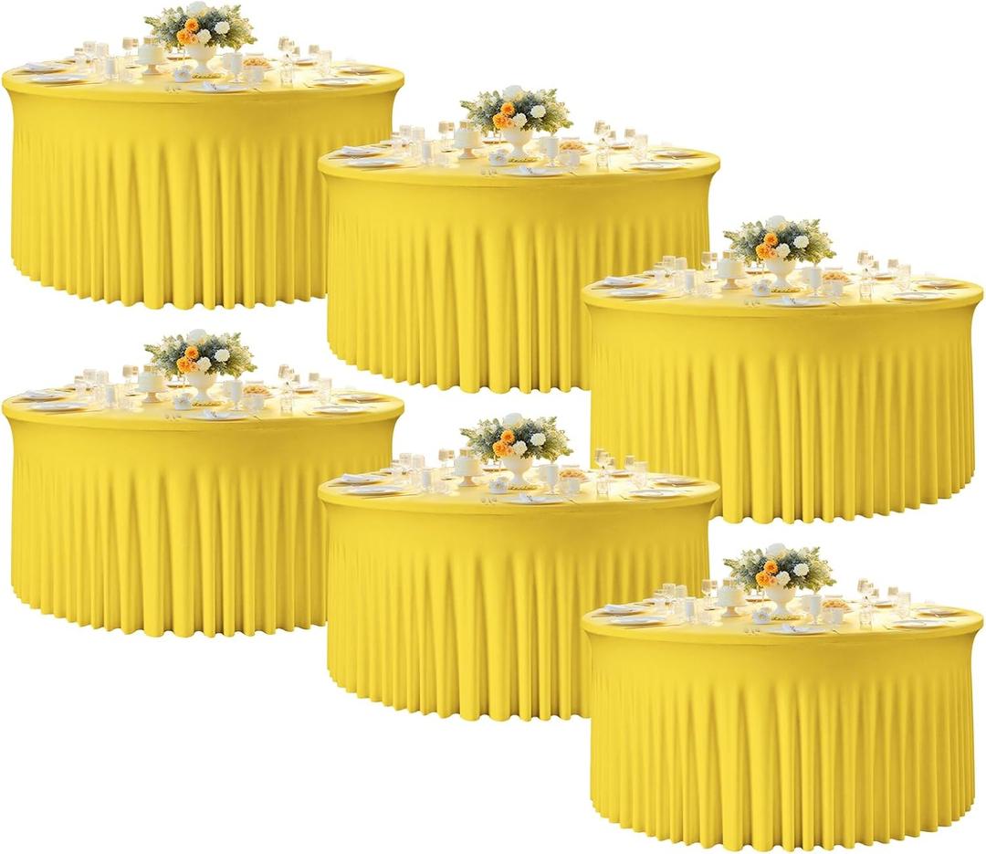 6 Pack Yellow Round Tablecloth, Fitted Table Cloths for 6 foot Round Tables, Washable 132 Inch Table Skirt for Wedding Birthday Photography Themed Parties Banquet Holidays Yellow Party Decorations