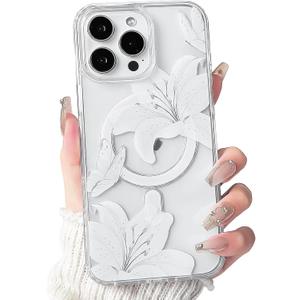 NITITOP Compatible with iPhone 16 Pro Max Case Clear Magnetic Compatible with MagSafe Cute Lily Flowers Floral for Women Girls Hard PC Back Shockproof Protective Phone Cover - White