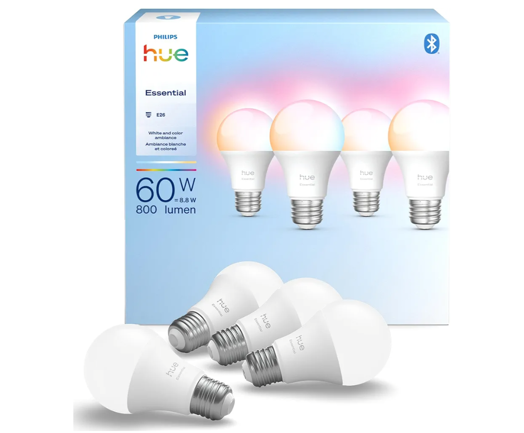 Philips Hue Essential Smart LED A19 Bulb, White and Color Ambiance, E26 Base, 8.8W, 2200K-6500K, 800 Lumens, Dimmable, Works with Alexa, Google, and Apple Home, 4-Pack