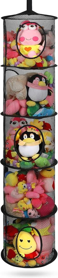 coastal rose Hanging Net for Stuffed Animals, Foldable Storage Organizer 5 Compartments Toy Storage Organizer for Kid Room Toys, Gloves,Hats,Socks StorageBlack (Black (1 Pack))