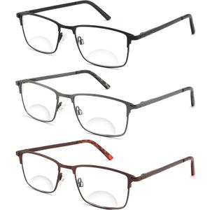 3 Pack Bifocal Reading Glasses for Men, Blue Light Blocking Computer Readers,Anti UV Ray/Eye Strain/Glare, Wide Metal Frame Eyeglasses with Pouches(175 Magnification Strength) (Black Gun Brown)