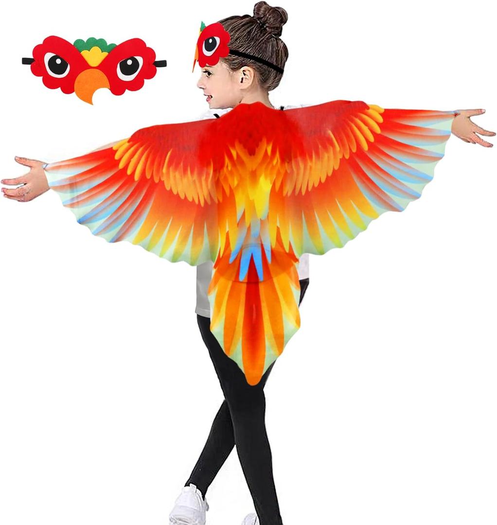 Bird-Costume-Parrot-Wings for Kids with Bird Headbands, Boys Girls Eagle Dress-up Cape Christmas Gifts Party Favors (Red) One Size