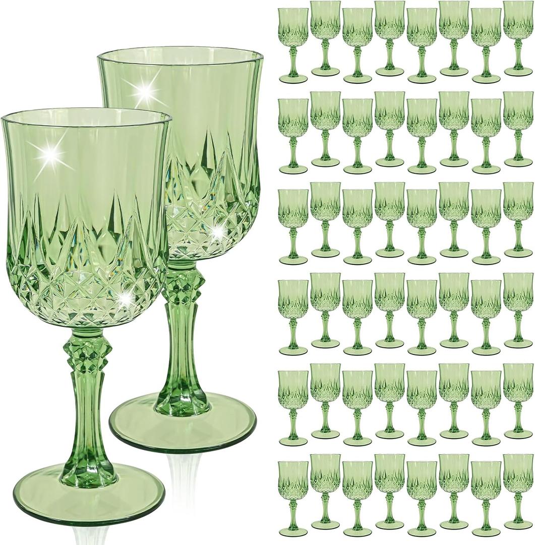 48 Pcs Sage Green Plastic Wine Glasses, Plastic Goblets for Parties, Vintage Wine Glasses Bulk, Reusable Drinking Glass, Drinkware Cups for Wedding Party Reception Event Supplies
