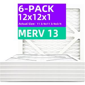 12x12x1 MERV 13 (6-Pack) Pleated Air Filter (Actual Size: 11.75" x 11.75" x 0.75") MPR 1900 & FPR 10, Furnace Air Filters, 12x12x1 air filter