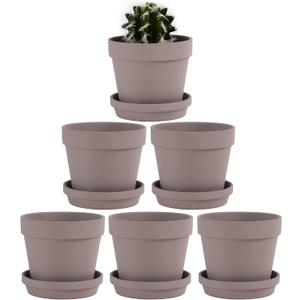 Yishang Terra Cotta Pots with Saucer/Ceramic Tray,6-Pack Large Terracotta Pots Clay Pots 4.6'' Clay Ceramic Pottery Planter Cactus Flower Pots Succulent Pot Drainage Hole- for Plants,Crafts (Gray)