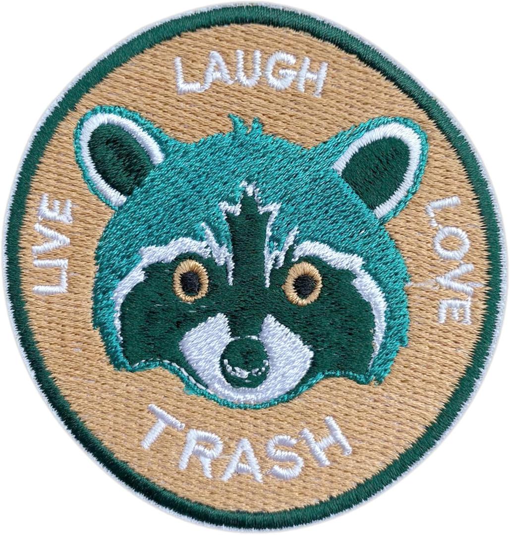 2 x Live Laugh Love Trash 3'' Iron On Embroidered Patch, Funny Racoon DIY Sew On Patches, Trash Embroidered Patches for Clothes Backpacks Hats Denim, Humorous Animal Gift for Her Him Kids Adults