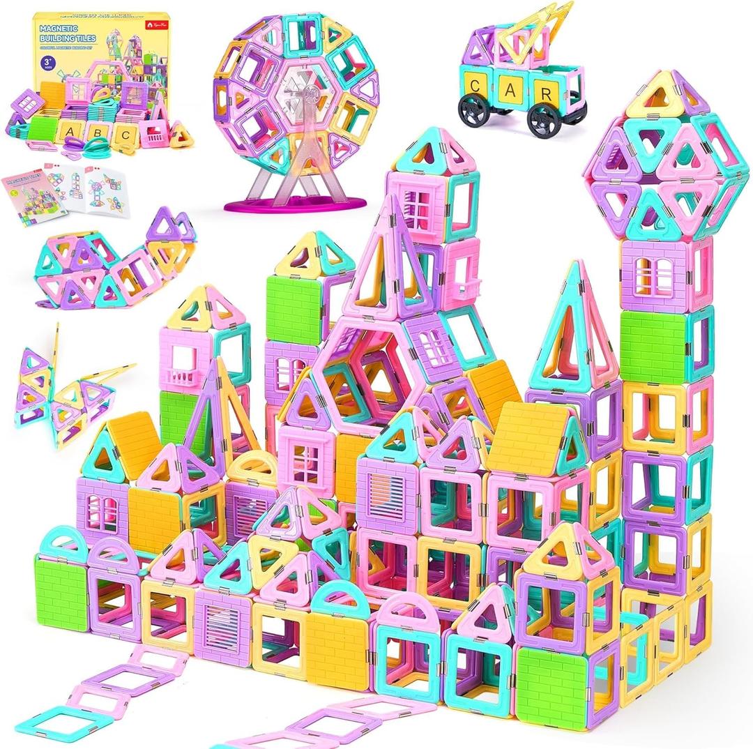 165 PCS Magnetic Tiles Set, Magnet Building Blocks Set with Car, Alphabet Card, and Ferris Wheel for Kids, STEM Educational Montessori Toy for 3 4 5 6 7 8 + Year Old Boys Girls Toddlers Birthday Gifts