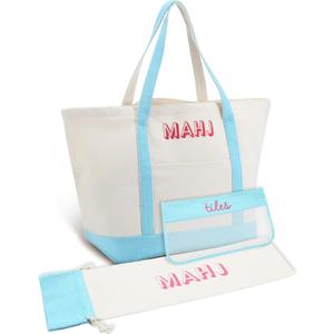 3 Pcs Empty Mahjong Canvas Bag Gift Embroidered American Mahjong Set Incl Tiles Bag and Racks & Pushers Drawstring Bags (Blue)