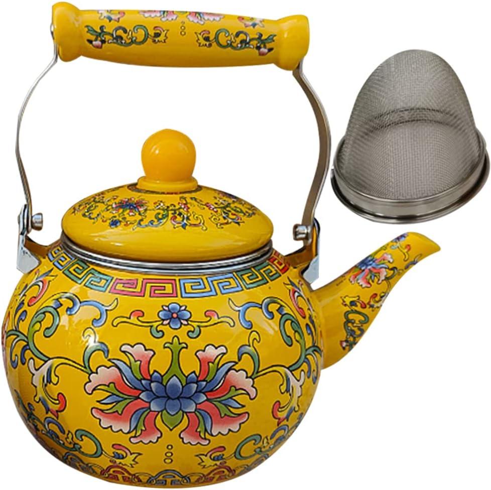 Enamel Tea Kettle with Ceramic Handle and Infuser 2.2L Water Kettle Coffee Pot Classic Floral Tea Kettle Steel Teapot for Stovetop Induction Cooker No Whistling Yellow (2.3 Quarts)