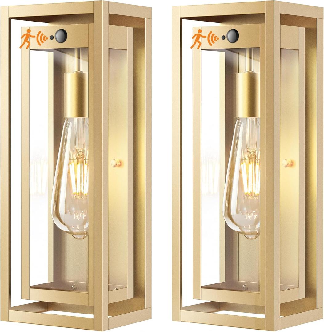 15" Motion Sensor Gold Outdoor Light Fixture Wall Mount, 3 Lighting Modes Waterproof Anti-Rust Wall Sconces, 2 Pack Exterior Lighting Fixtures for Front Door, Porch, Garage