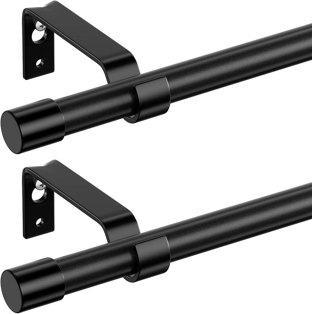 Curtain Rods for Windows 28 to 48 inch, Black Curtain Rod 2 Pack, 5/8" Diameter Metal Curtain Rod Set of 2 with Brackets, Splicing Adjustable Curtain Rod for Bedroom, Living Room, Kitchen, Black