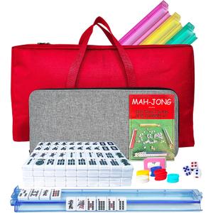 Mahjong Tile Set: American Mahjong Set Complete with 166 White Tiles & 4 All-in-One Mahjong Racks/Pushers | Portable Travel Mahjong Game | Includes Both Red and Gray Carrying Bags