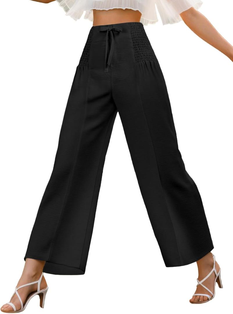 Women's High Waist Casual Palazzo Pants Drawstring Smocked Boho Wide Leg Beach Trousers Flowy Loose Fit Pant (Black, M)