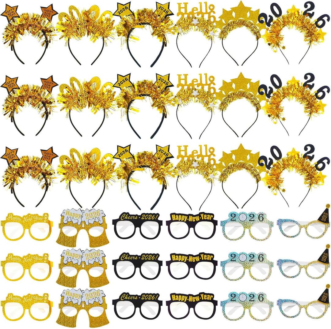 Yunsailing 36 Pcs New Years Eve Party Supplies 2026 Happy New Years Glasses and 2026 Black and Gold Headbands Tiara for Happy NewYear Eve Decorations Party Favors Gift