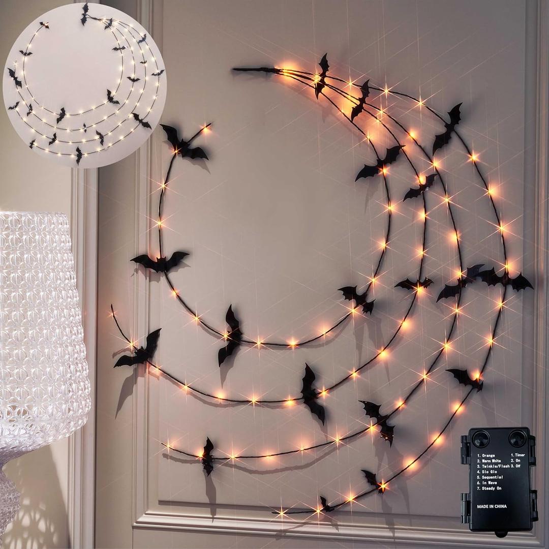 LITBLOOM Halloween Garland with Lights 6FT 80 Orange and Warm White Fairy Lights, Lighted Black Garland Battery Operated with Timer Lit Bats for Wall Porch Decoration