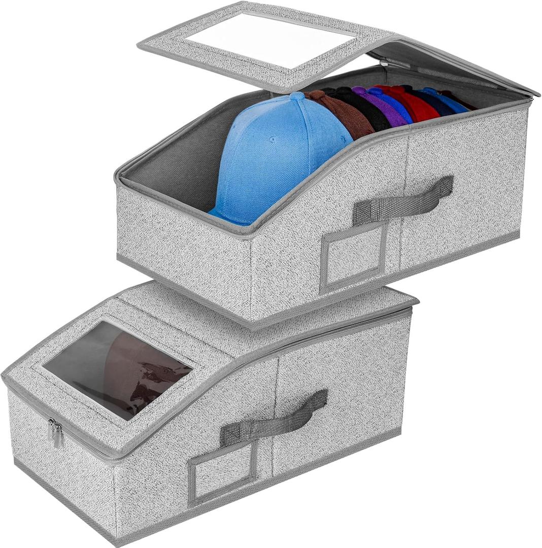 Portable Hat Storage Box Organizer | Large Capacity Foldable Cap Holder with Clear Window | Space-Saving Closet Accessory for Baseball Caps, Beanies & Sun Hats (2 Pack)