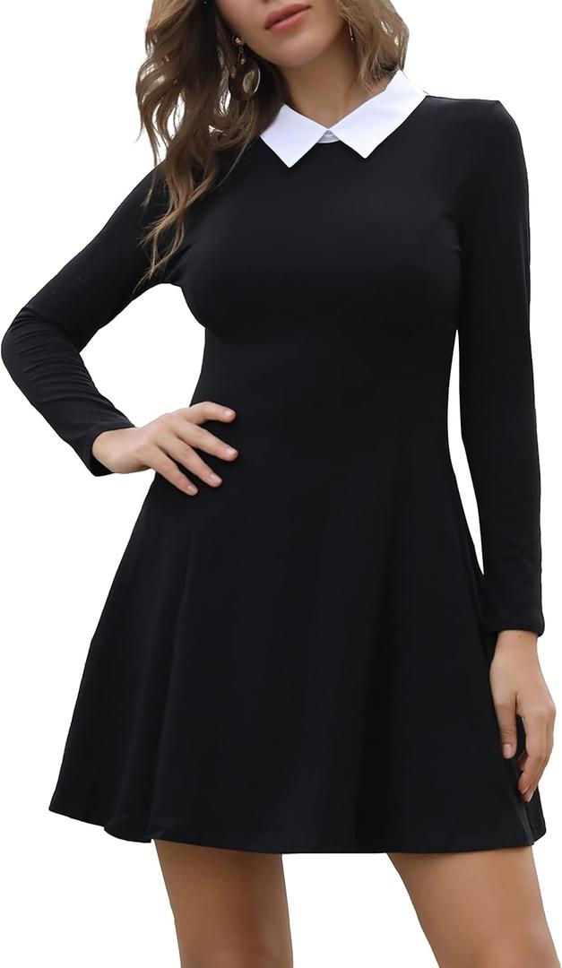 Aphratti Women's Long Sleeve Fall Dresses 2025 Casual Peter Pan Collar A Line Fit and Flare Skater Goth Dress (Small, Black02)