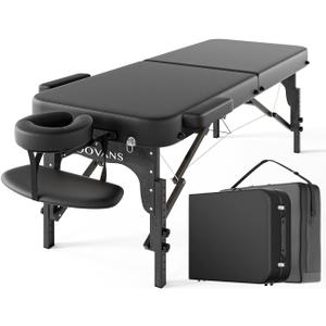 Professional Massage Table Portable 2 Fold Premium Elastic Foam Wooden Leg Hold Up to 1100LBS 10 Heights Adjustable with Carrying Bag All Black