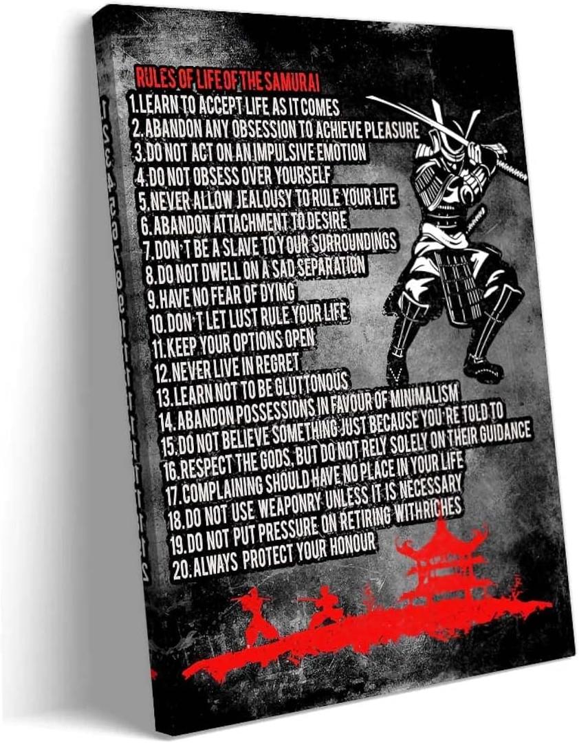 Japanese Samurai Poster Framed Life Rules Poster Vintage Wall Art Quote Artwork Black Inspirational Wall Art Home Decor Framed (16x24 inch) (24L" x 16W")