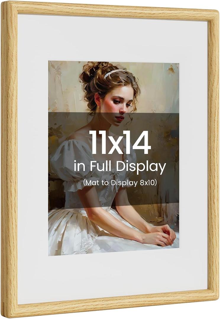 11x14 Picture Frame Natural Oak Wood From California-USA with Real Tempered Glass, Handcrafted 11 x 14 Diploma Frame Matted to 8x10 Photo,Certificate,Degree,Graduation Picture Display on Wall Decor