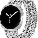 Dressy Beaded Bracelet Compatible with Samsung Galaxy Watch 8 Band 40mm 44mm/8 Classic 46 mm Women, Fashion Cute Strechy Stainless Steel Beads Strap for Galaxy Watch 8 (Silver)