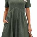 Ulovmi Women's Summer Casual Flowy A-Line Dresses Short Sleeve Ribbed Knit Swing Dress T-Shirt Sundress with Pockets (Green, M)