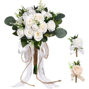 8inch Wedding Bouquets Set for Bride and Bridesmaid with Groom Boutonniere, Artificial Silk Ivory Rose Flowers, Bridal Bouquet for Wedding Church Decoration (White)