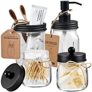 Amolliar Mason Jar Bathroom Accessories Set 4 Pcs -Lotion Soap Dispenser & 2 Cotton Swab Holders & Toothbrush Holder - Rustic Farmhouse Decor, Bathroom Home Decor, Perfect Decorating Idea (Black)