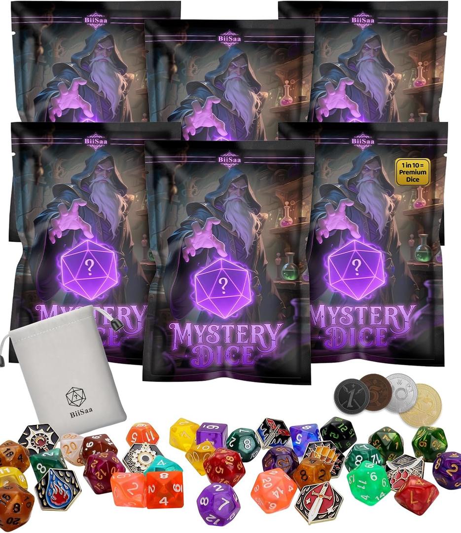 DND Mystery Dice Bundle  6 Blind Bags w/ 7 Polyhedral RPG Dice, 4 Metal Coins, Enamel Pin & Velvet Bag Each  1 in 10 to Get Premium Set  Gift for TTRPG Players, DMS & Dice Goblins (6 Packs Set)