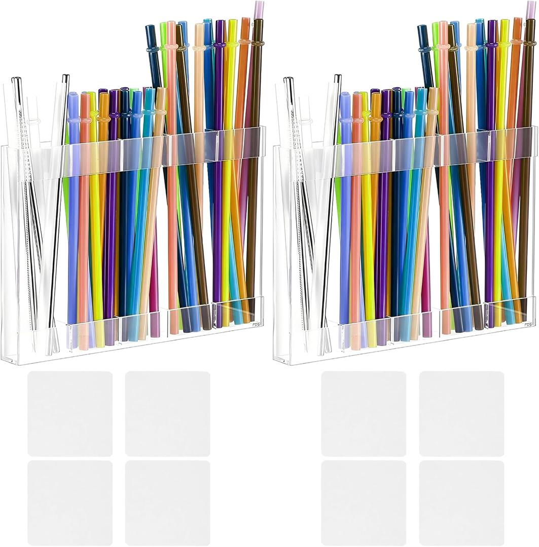 2PCS Straw Holder for Cabinet Door, Acrylic Straws Organizer Transparent Storge Container for Kitchen Counter Cupboard, Straws Storage Dispenser with Double-Sided Tape