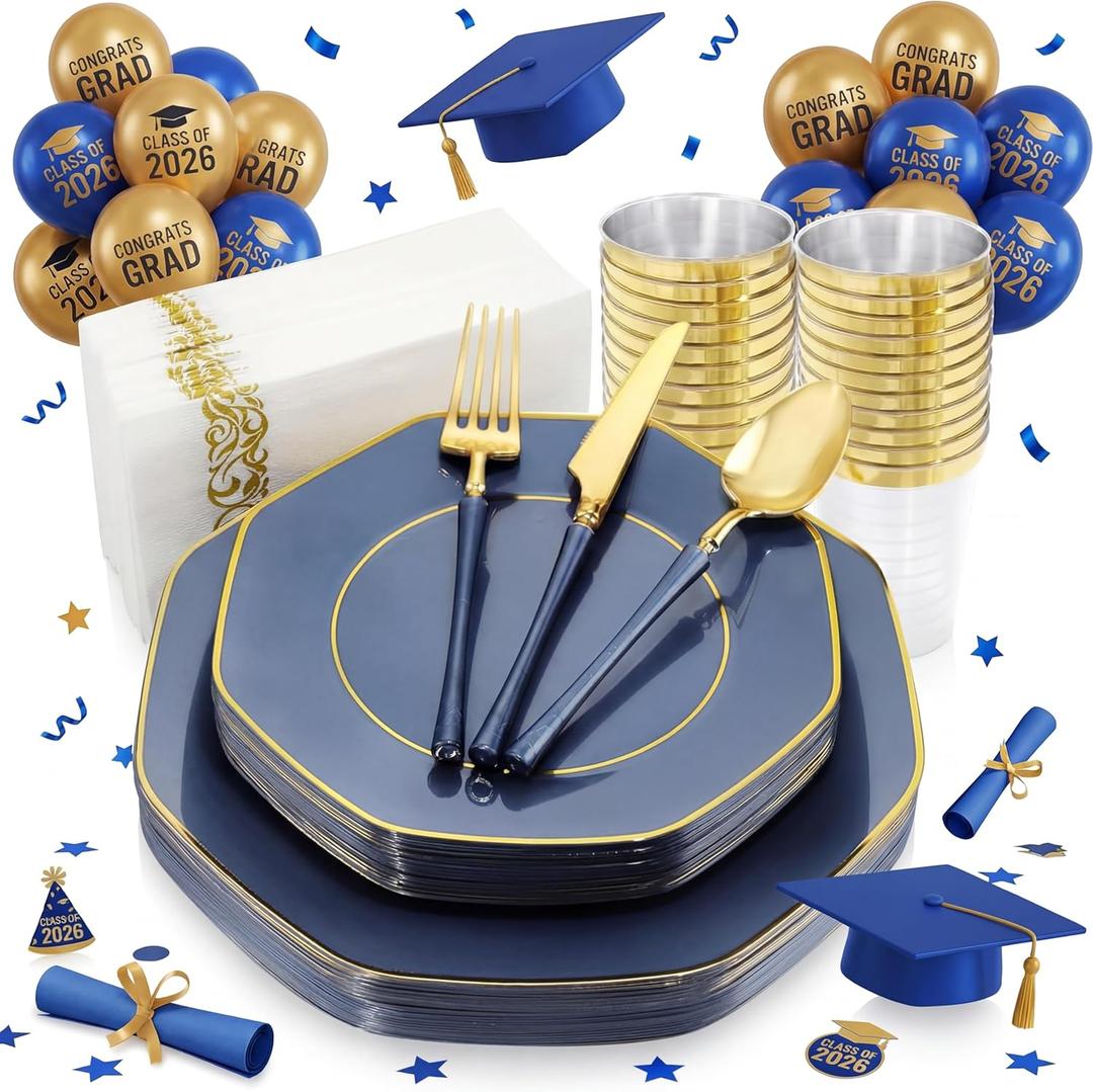 KIRE 140Pcs Blue Plastic Plates with Gold Rim - Gold Disposable Plastic Silverware with Blue Handle&Clear Cups&Hand Napkin - Geometric Party Plates for Memorial Day/Party/Graduation