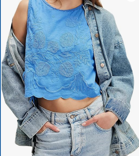 Embroidery Flower Tank Tops for Women Y2K Sleeveless Square Neck Tie Up Cropped Vest Summer Chic Going Out Blouse, Size M