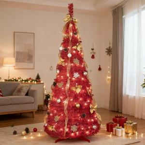 6FT Prelit Pop up Christmas Tree, Pre-lit Collapsible Red Christmas Tinsel Tree with 150 LED Lights, Pull Up Collapsible Christmas Tree with 52 Ornaments for Indoor Outdoor Home Holiday.